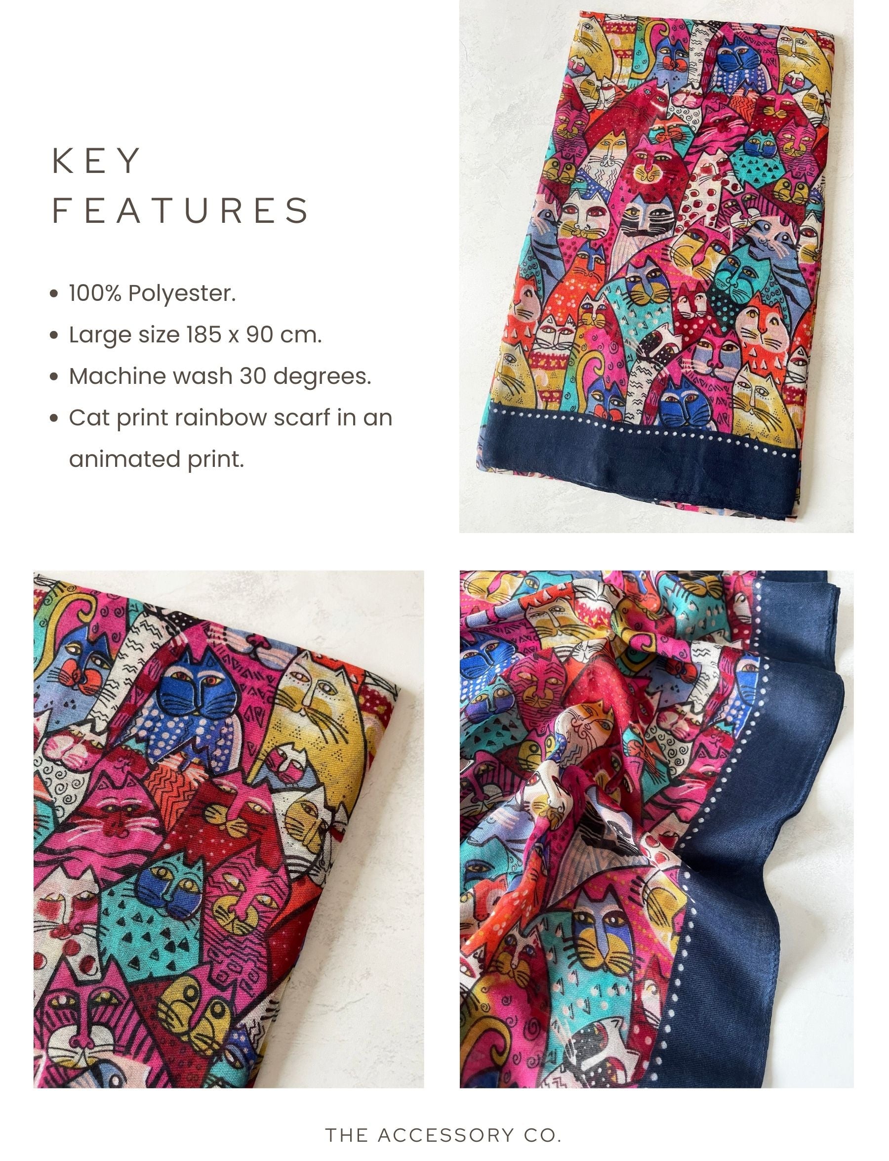 NAVY BLUE ANIMATED LIGHTWEIGHT RAINBOW CAT SCARF - A-SHU.CO.UK