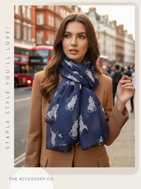 NAVY BLUE ART DECO LIGHTWEIGHT CAT SCARF - A-SHU.CO.UK
