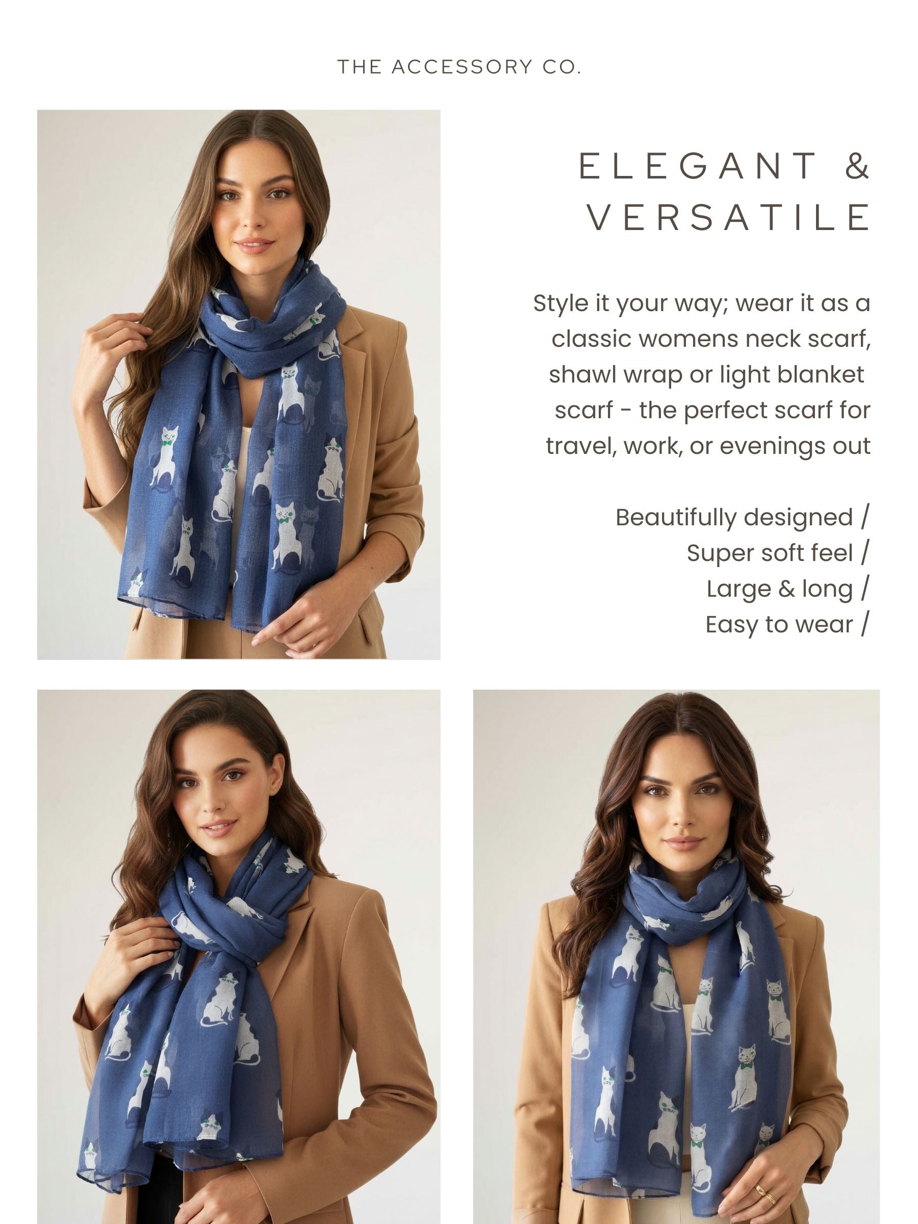 NAVY BLUE ART DECO LIGHTWEIGHT CAT SCARF - A-SHU.CO.UK