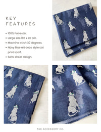 NAVY BLUE ART DECO LIGHTWEIGHT CAT SCARF - A-SHU.CO.UK
