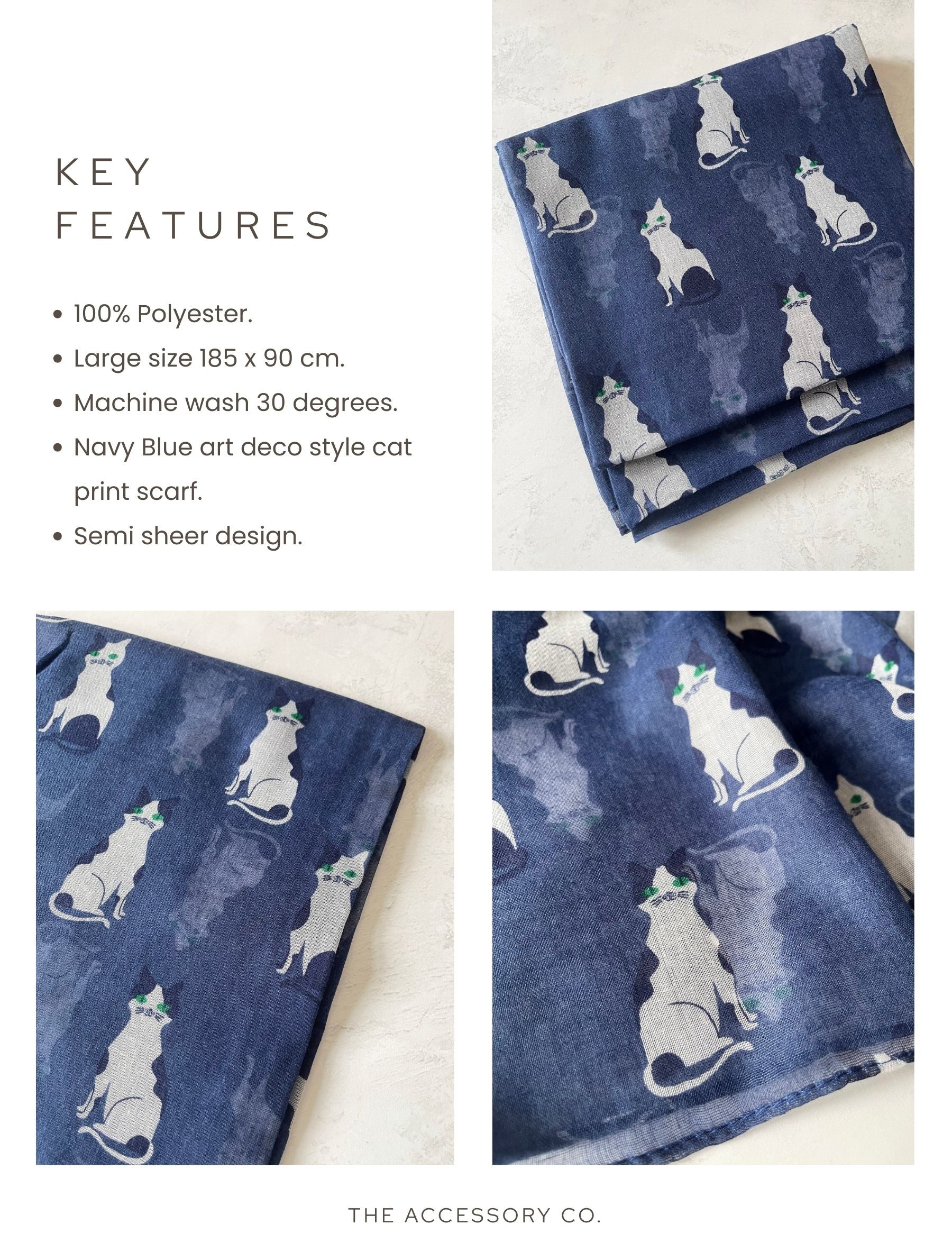 NAVY BLUE ART DECO LIGHTWEIGHT CAT SCARF - A-SHU.CO.UK