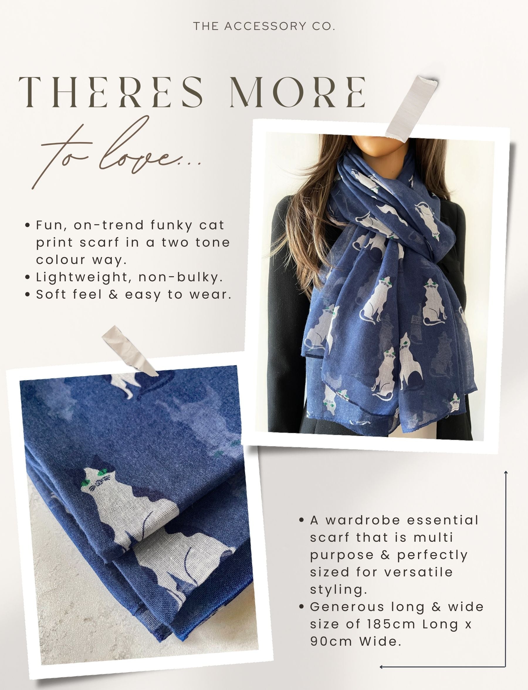 NAVY BLUE ART DECO LIGHTWEIGHT CAT SCARF - A-SHU.CO.UK