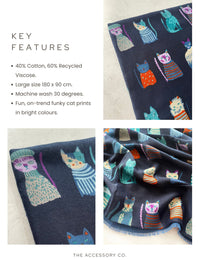 NAVY BLUE COTTON BLEND CAT PRINT LIGHTWEIGHT SCARF