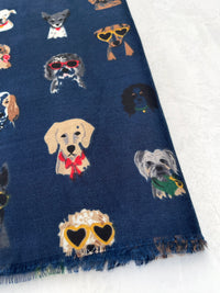 NAVY BLUE COTTON BLEND DOG PRINT LIGHTWEIGHT SCARF - A-SHU.CO.UK