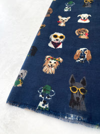 NAVY BLUE COTTON BLEND DOG PRINT LIGHTWEIGHT SCARF - A-SHU.CO.UK