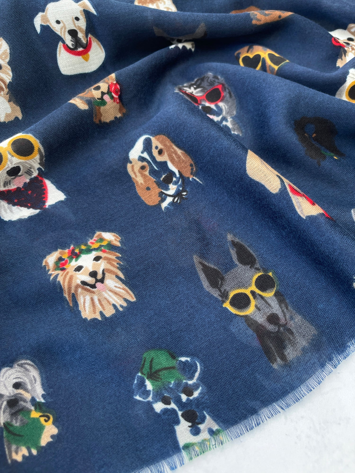 NAVY BLUE COTTON BLEND DOG PRINT LIGHTWEIGHT SCARF - A-SHU.CO.UK