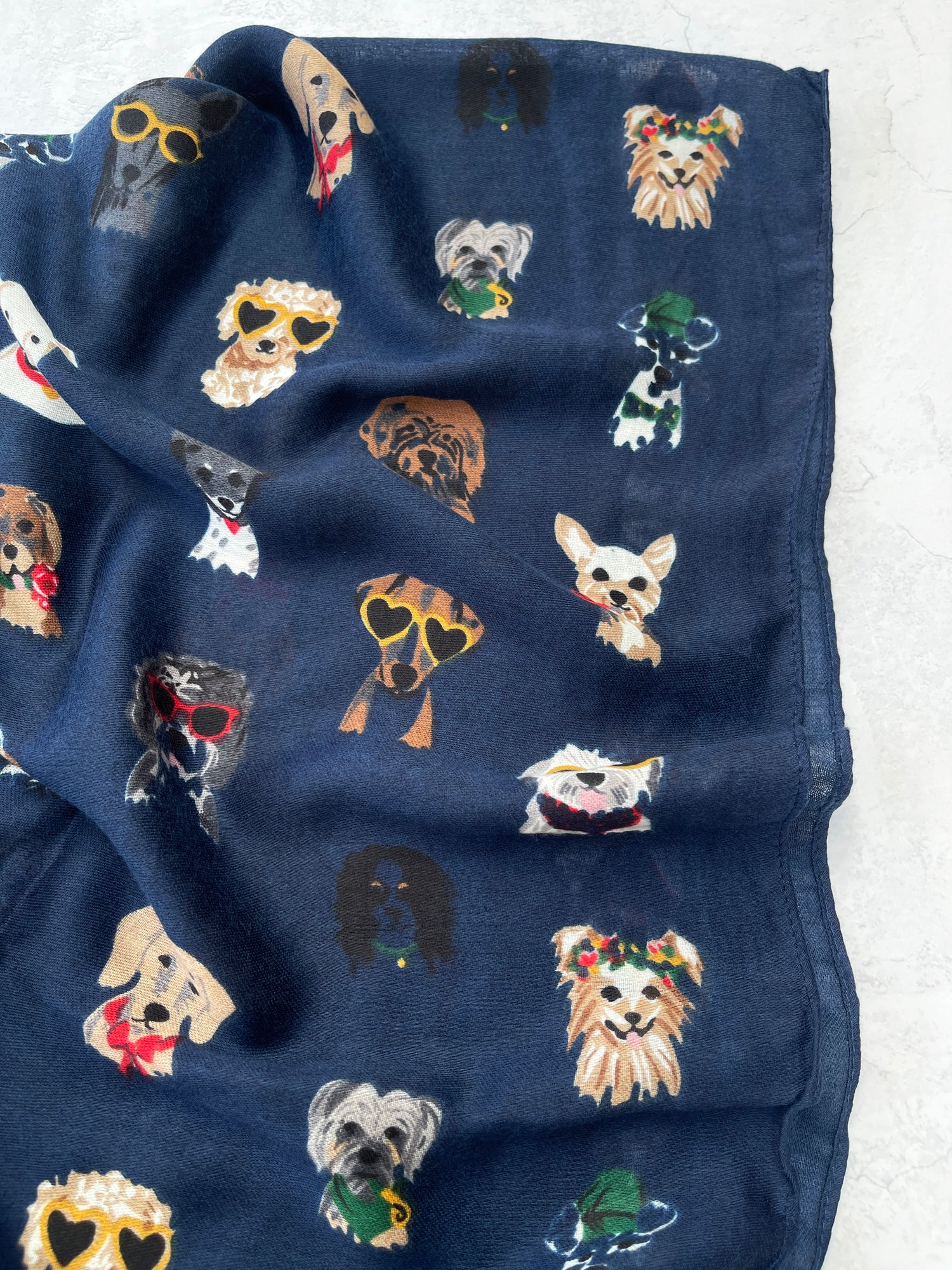 NAVY BLUE COTTON BLEND DOG PRINT LIGHTWEIGHT SCARF - A-SHU.CO.UK