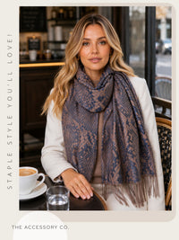 NAVY BRONZE LARGE SNAKESKIN PRINT REVERSIBLE PASHMINA SHAWL SCARF