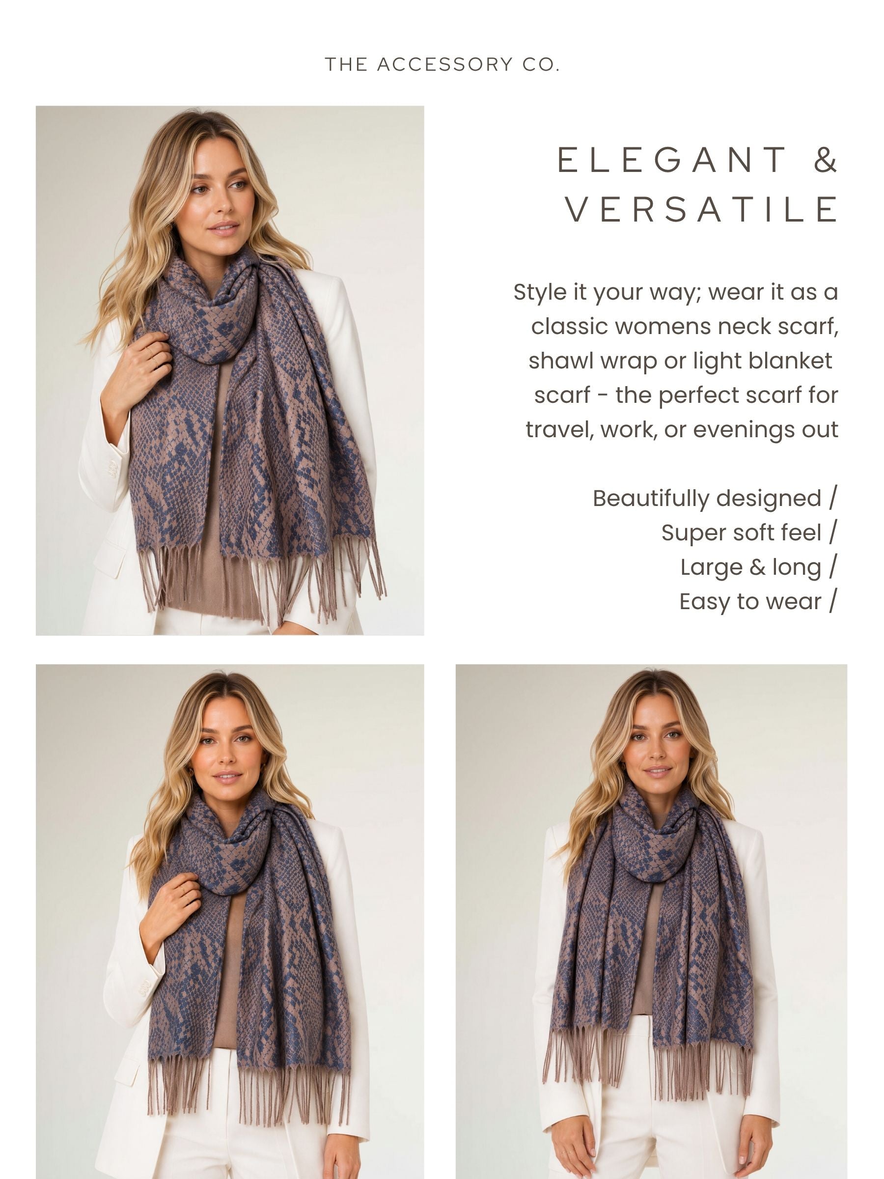 NAVY BRONZE LARGE SNAKESKIN PRINT REVERSIBLE PASHMINA SHAWL SCARF