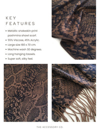 NAVY BRONZE LARGE SNAKESKIN PRINT REVERSIBLE PASHMINA SHAWL SCARF