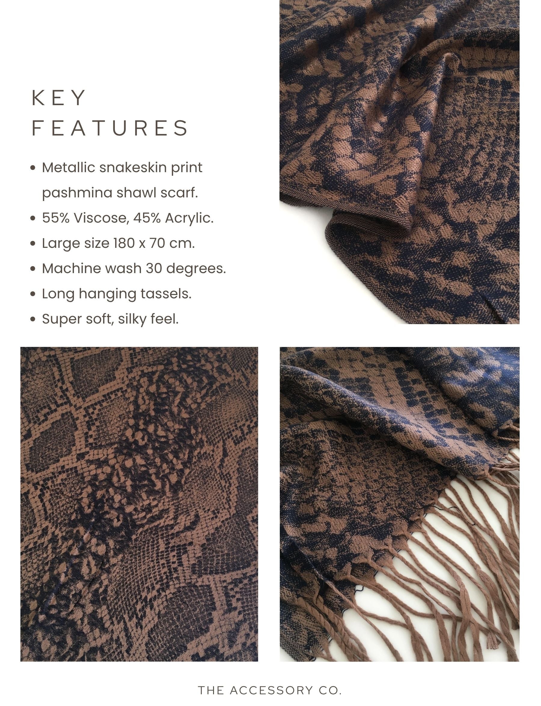 NAVY BRONZE LARGE SNAKESKIN PRINT REVERSIBLE PASHMINA SHAWL SCARF