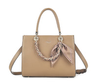 SMALL TAUPE MULTI-COMPARTMENT CROSS BODY HANDBAG WITH SCARF TIE