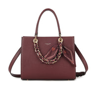 SMALL BURGUNDY MULTI-COMPARTMENT CROSS BODY HANDBAG WITH SCARF TIE