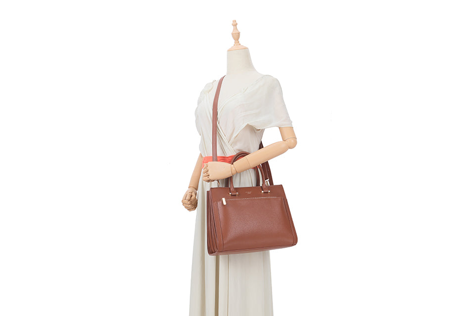 TAN BROWN MULTI-COMPARTMENT CROSS BODY HANDBAG WITH LONG STRAP