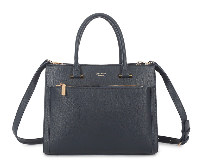 NAVY BLUE MULTI-COMPARTMENT CROSS BODY HANDBAG WITH LONG STRAP
