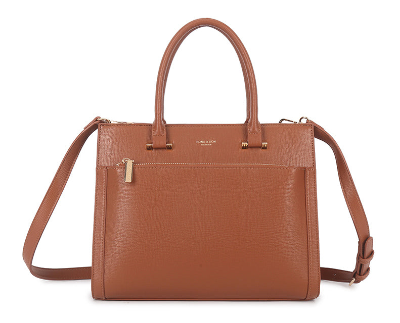 TAN BROWN MULTI-COMPARTMENT CROSS BODY HANDBAG WITH LONG STRAP