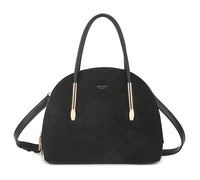 BLACK FAUX SUEDE BOWLER HANDBAG WITH LONG SHOULDER STRAP