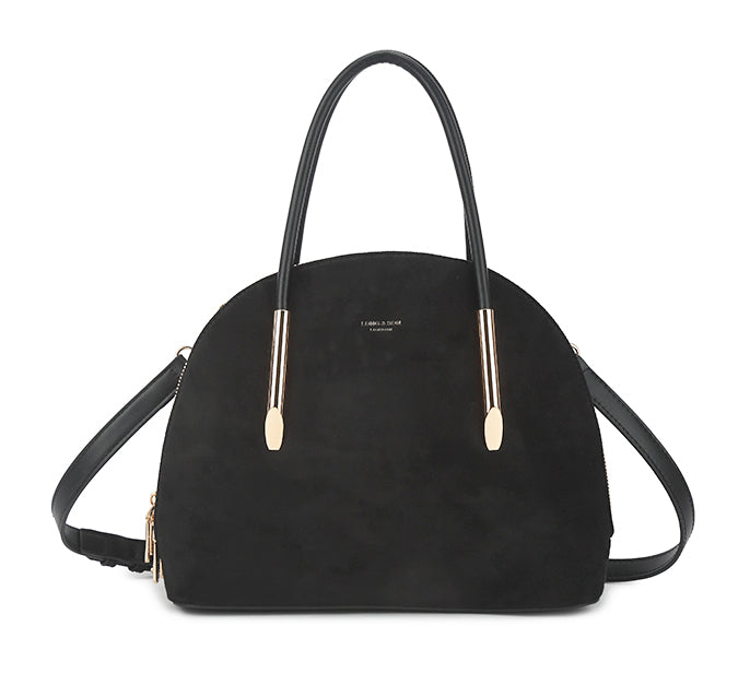 BLACK FAUX SUEDE BOWLER HANDBAG WITH LONG SHOULDER STRAP