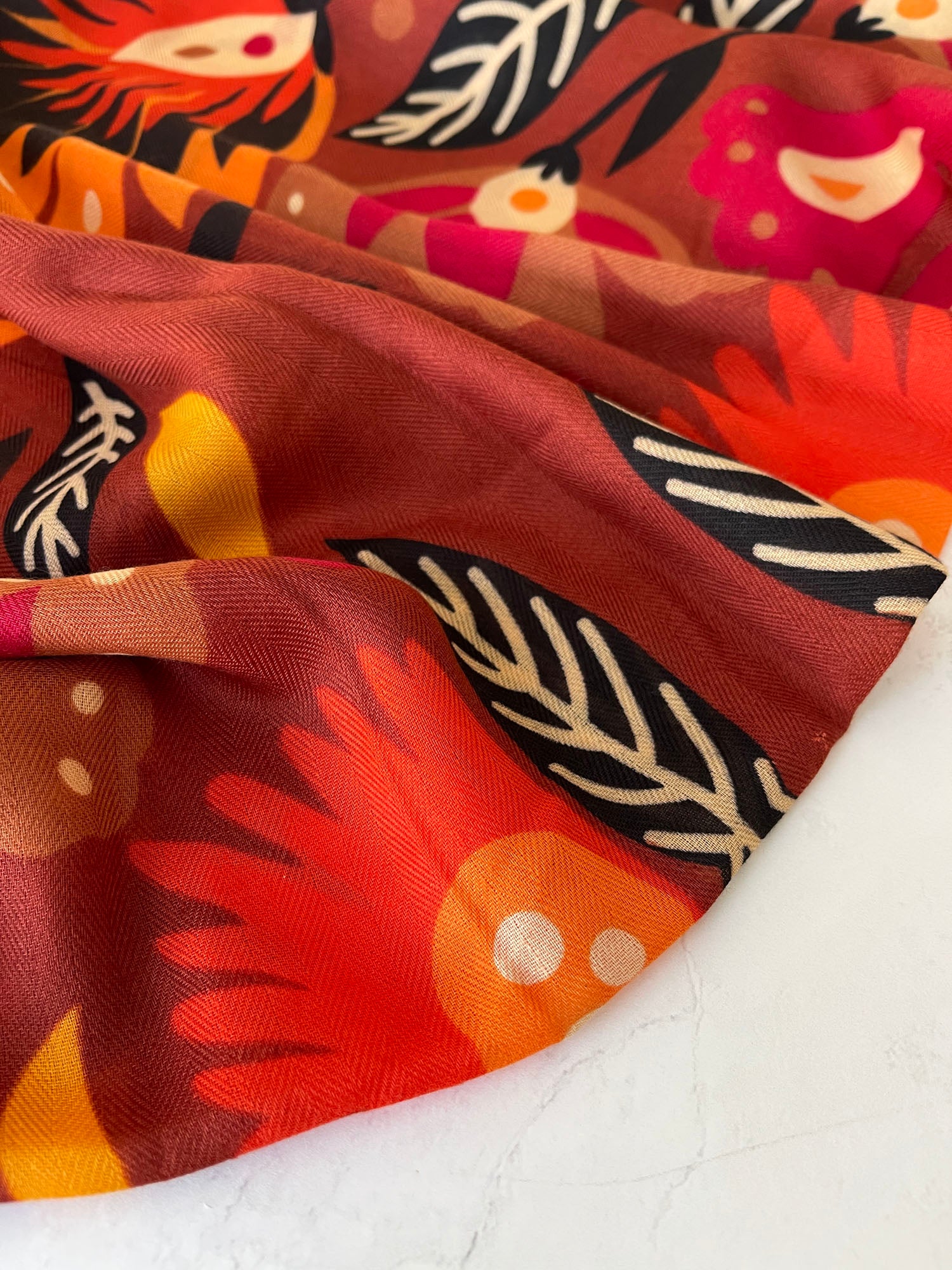 ORANGE LOTUS FLORAL PRINT SQUARE TASSEL SCARF