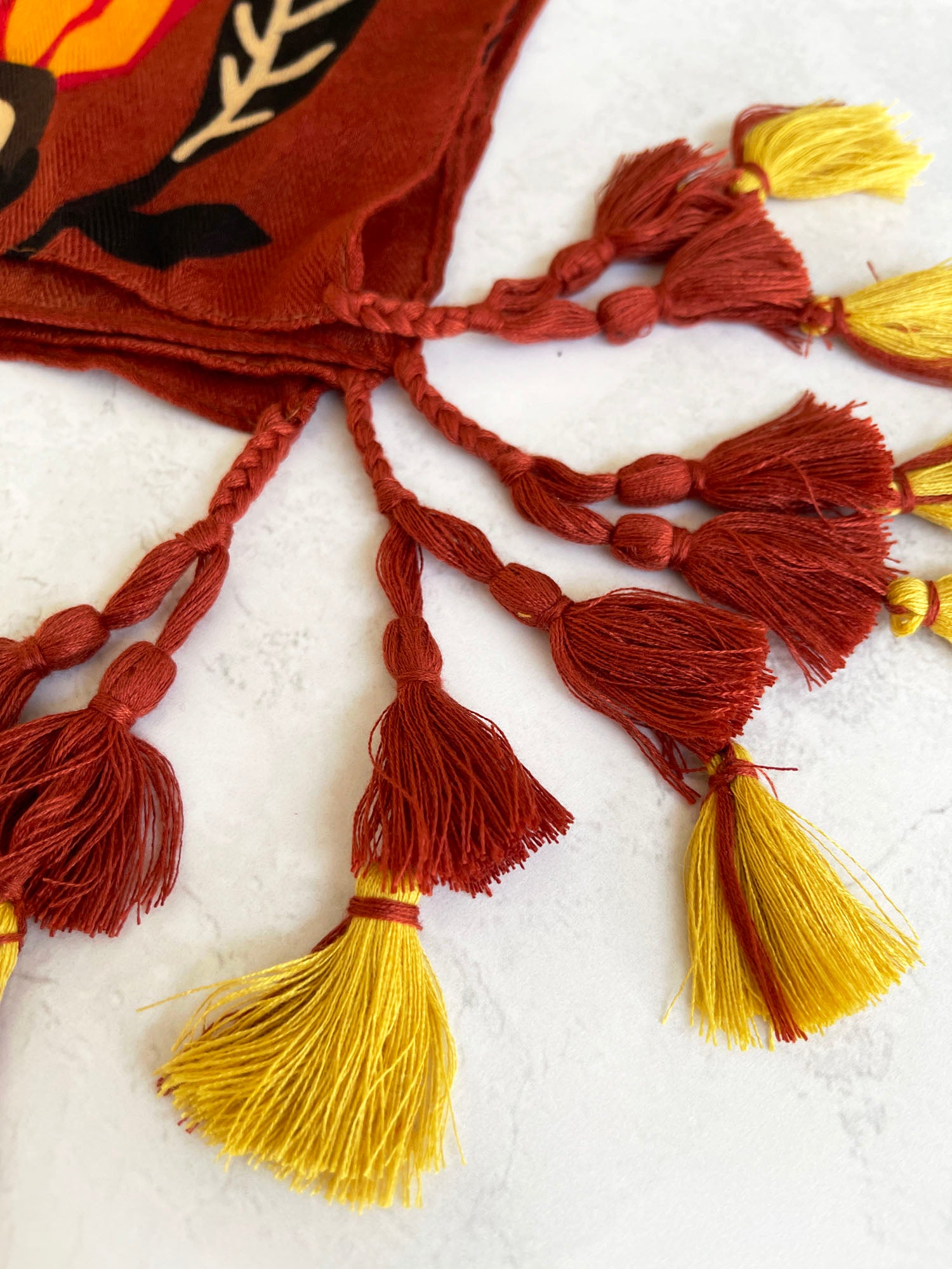 ORANGE LOTUS FLORAL PRINT SQUARE TASSEL SCARF