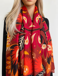 ORANGE LOTUS FLORAL PRINT SQUARE TASSEL SCARF