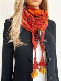 ORANGE LOTUS FLORAL PRINT SQUARE TASSEL SCARF