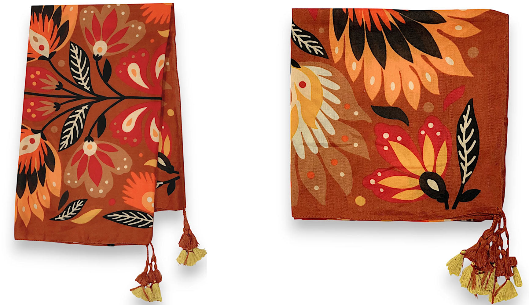 ORANGE LOTUS FLORAL PRINT SQUARE TASSEL SCARF
