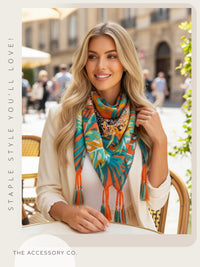 ORANGE LEOPARD & FLORAL PRINT SQUARE TASSEL SCARF - A-SHU.CO.UK