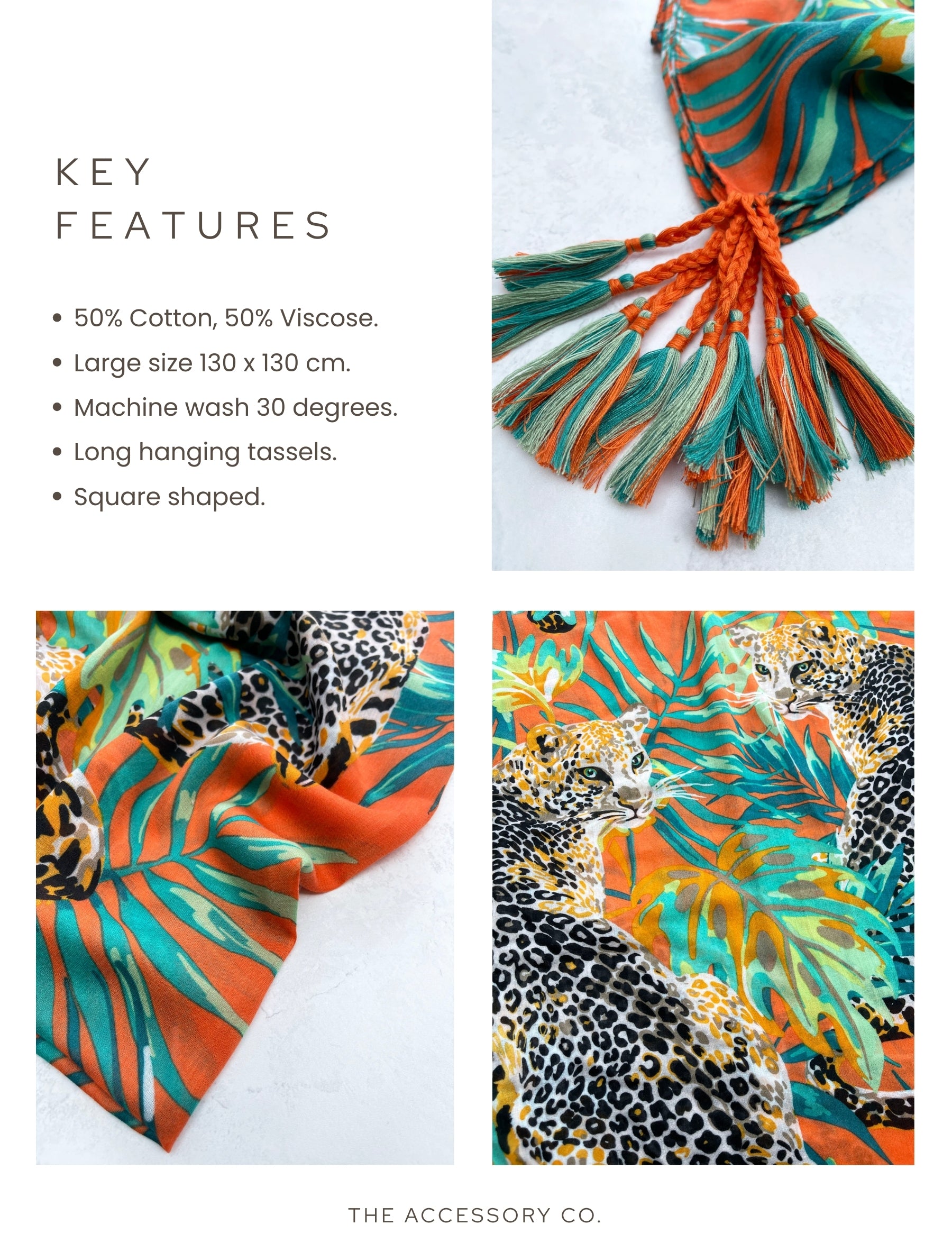 ORANGE LEOPARD & FLORAL PRINT SQUARE TASSEL SCARF - A-SHU.CO.UK