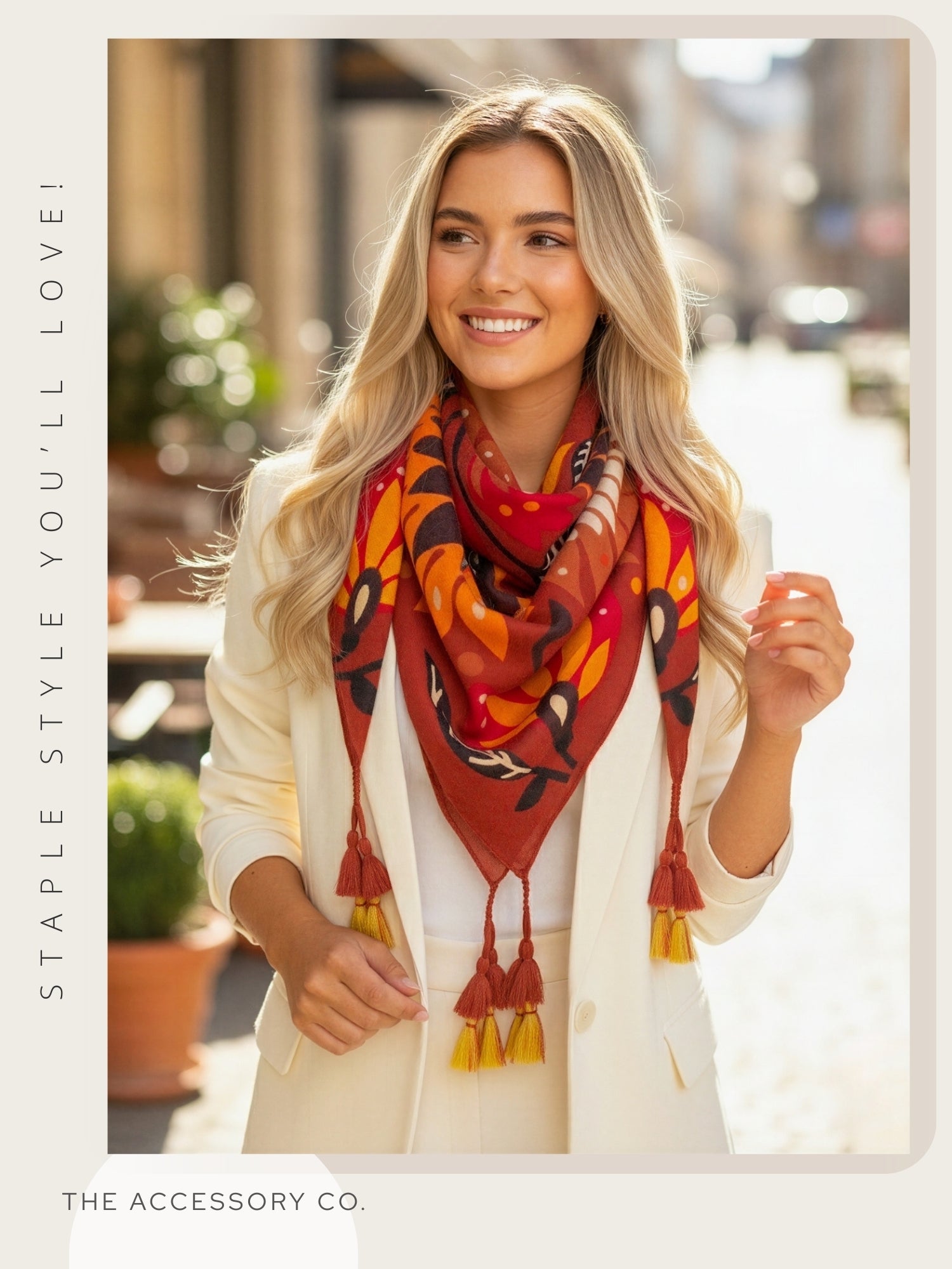 ORANGE LOTUS FLORAL PRINT SQUARE TASSEL SCARF - A-SHU.CO.UK