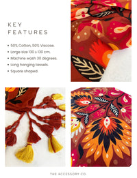 ORANGE LOTUS FLORAL PRINT SQUARE TASSEL SCARF - A-SHU.CO.UK