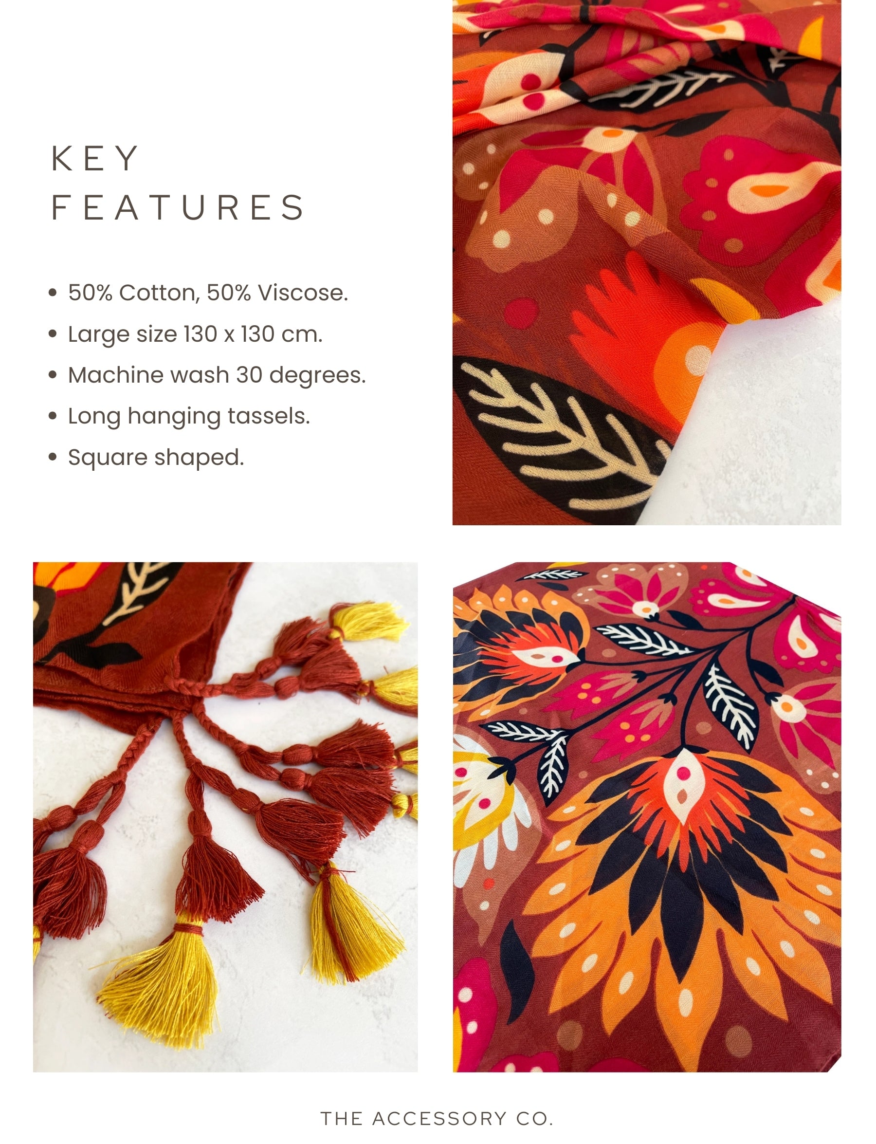 ORANGE LOTUS FLORAL PRINT SQUARE TASSEL SCARF - A-SHU.CO.UK