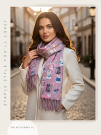 BLUSH PINK QUIRKY CAT PRINT LONG LIGHTWEIGHT SCARF