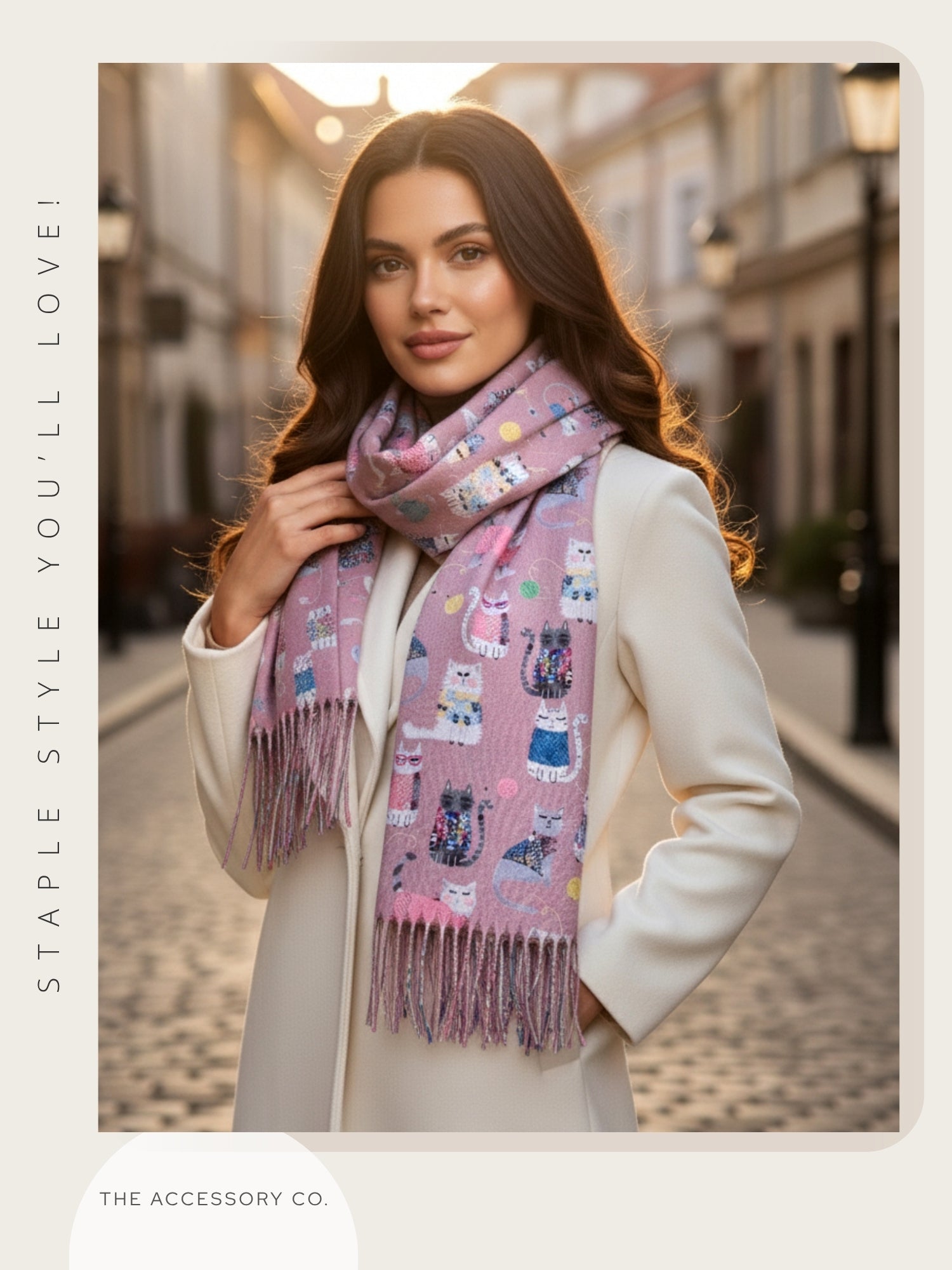 BLUSH PINK QUIRKY CAT PRINT LONG LIGHTWEIGHT SCARF
