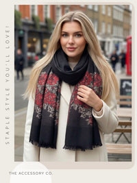 LARGE BLACK FLORAL PRINT SILKY FEEL PASHMINA SHAWL SCARF - A-SHU.CO.UK