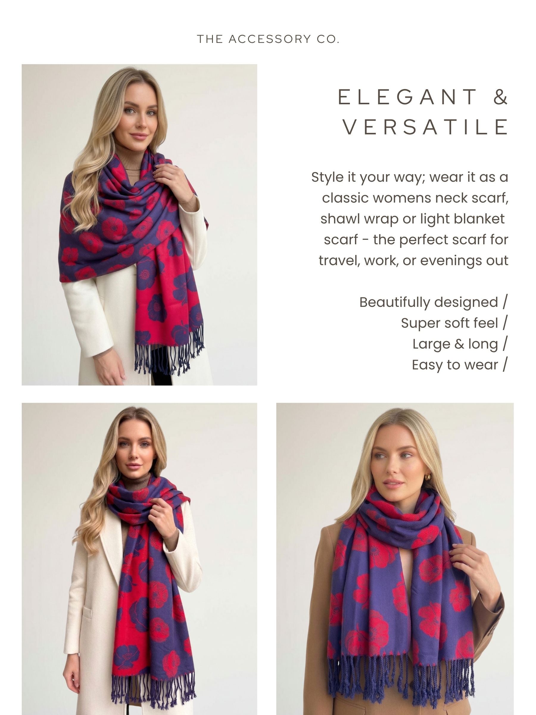 LARGE REVERSIBLE NAVY AND RED POPPY PASHMINA SHAWL SCARF - A-SHU.CO.UK