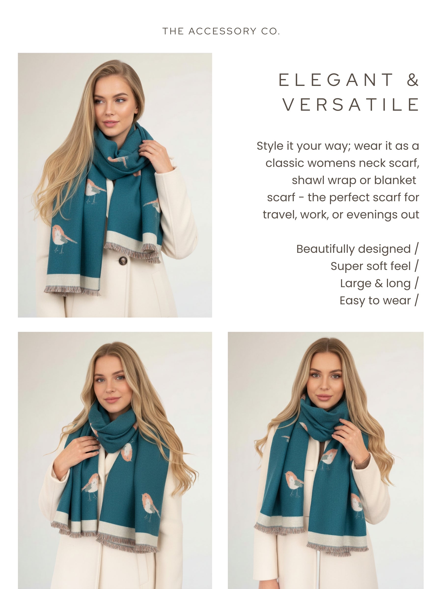LARGE TEAL ROBIN REVERSIBLE WINTER SHAWL BLANKET SCARF
