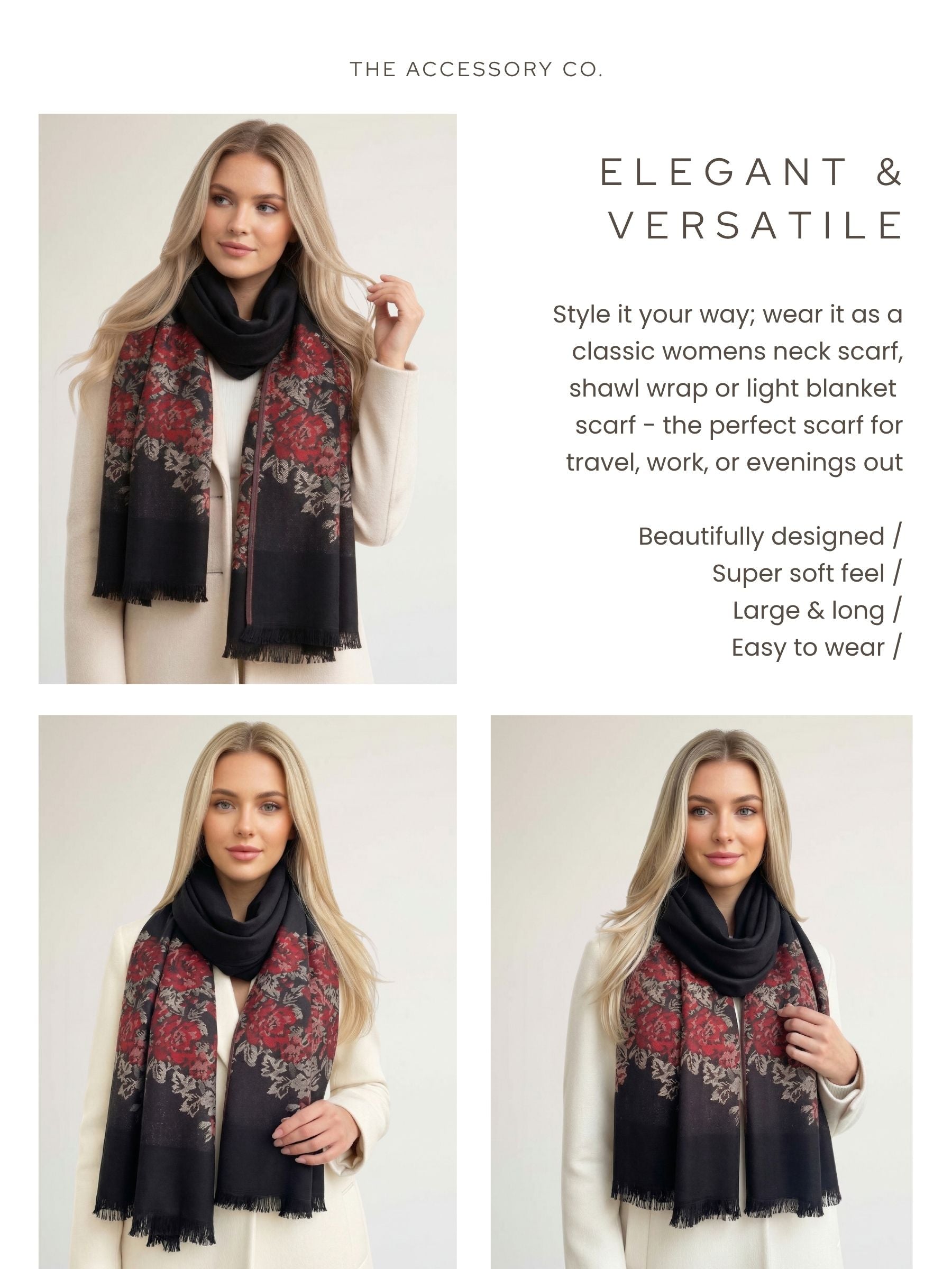 LARGE BLACK FLORAL PRINT SILKY FEEL PASHMINA SHAWL SCARF - A-SHU.CO.UK