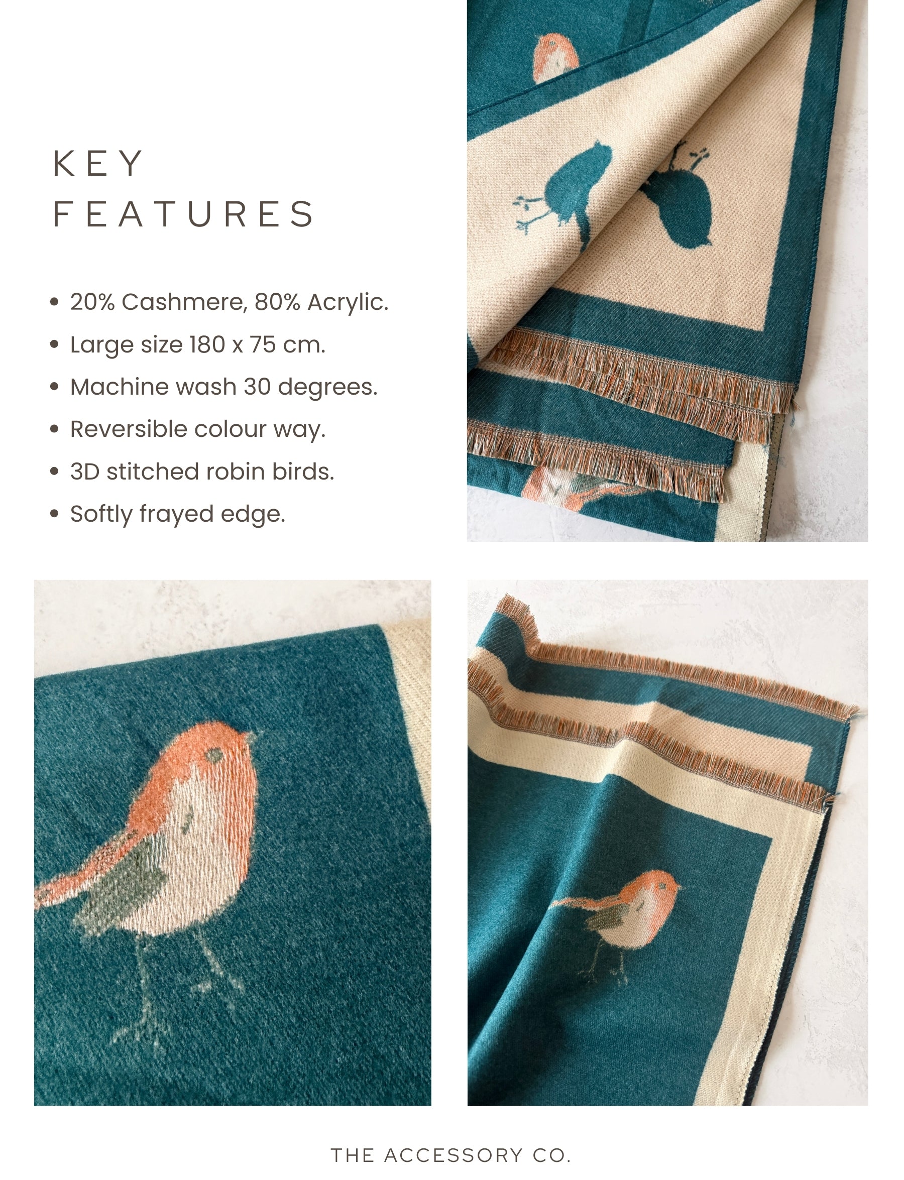 LARGE TEAL ROBIN REVERSIBLE WINTER SHAWL BLANKET SCARF