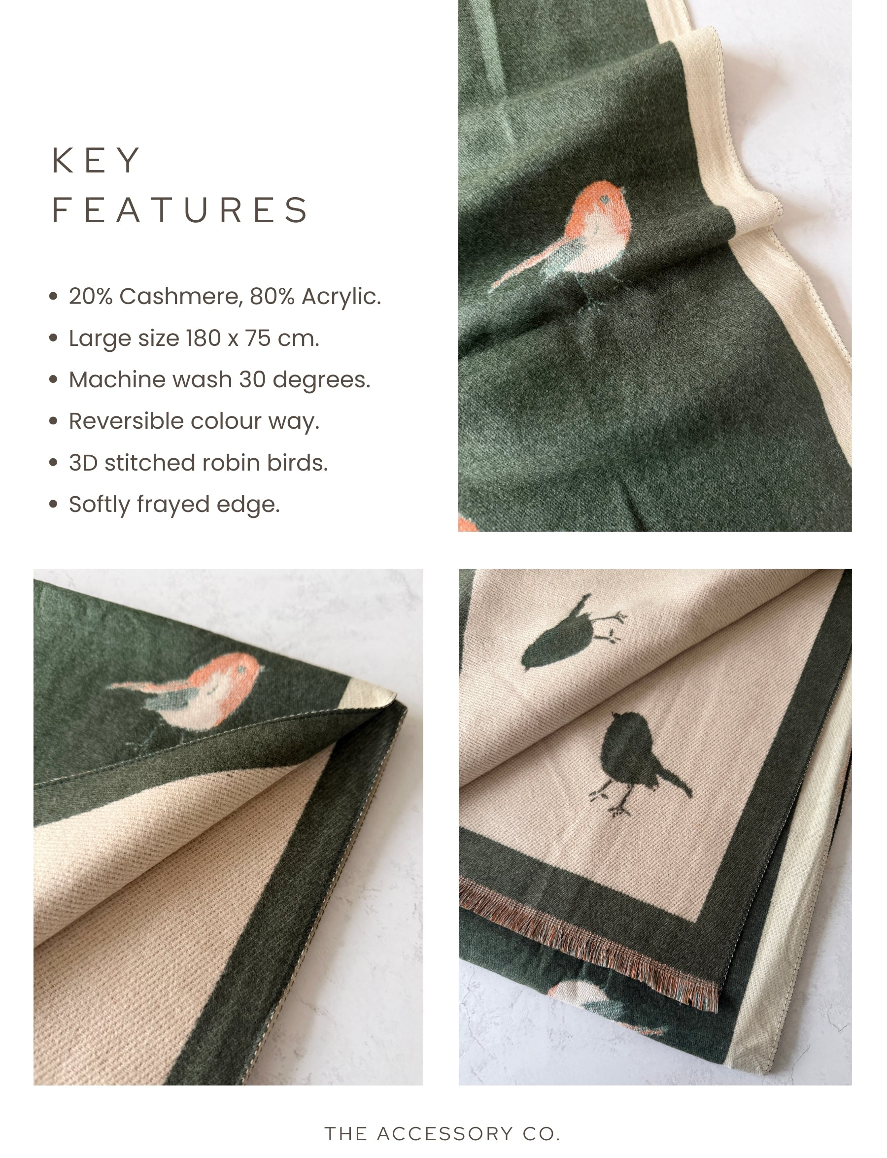 LARGE GREEN ROBIN REVERSIBLE WINTER SHAWL BLANKET SCARF