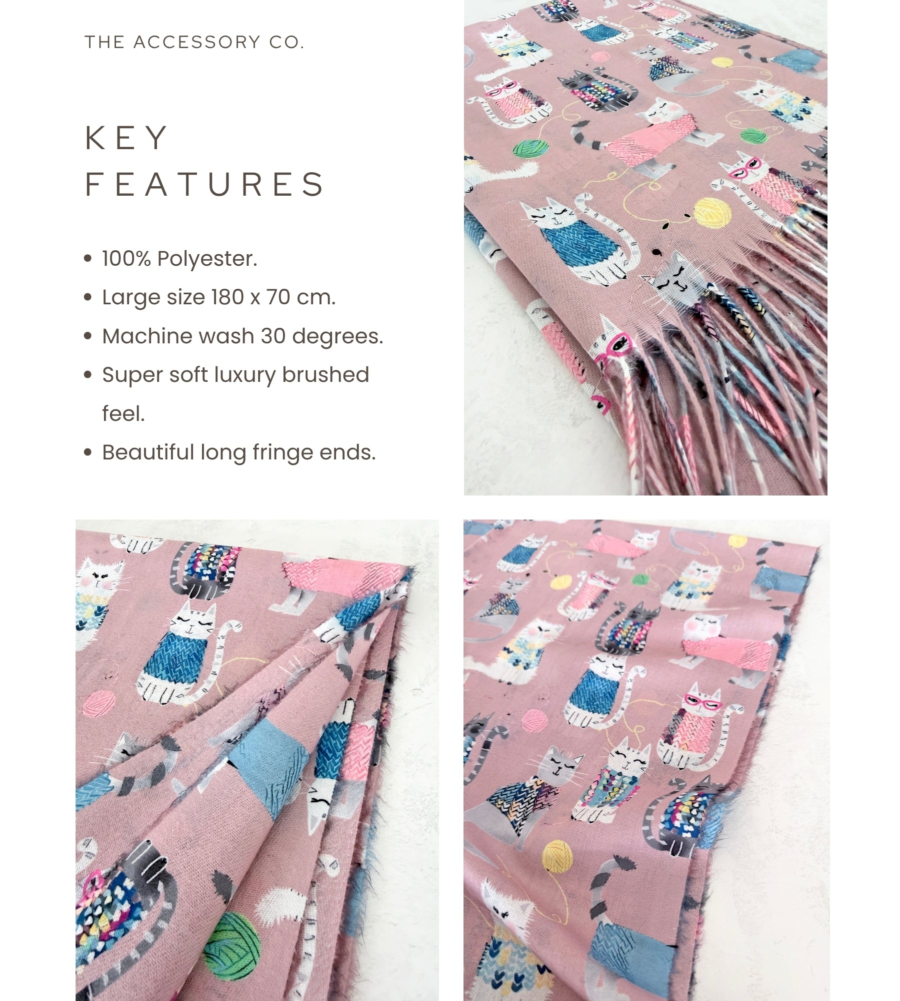 BLUSH PINK QUIRKY CAT PRINT LONG LIGHTWEIGHT SCARF