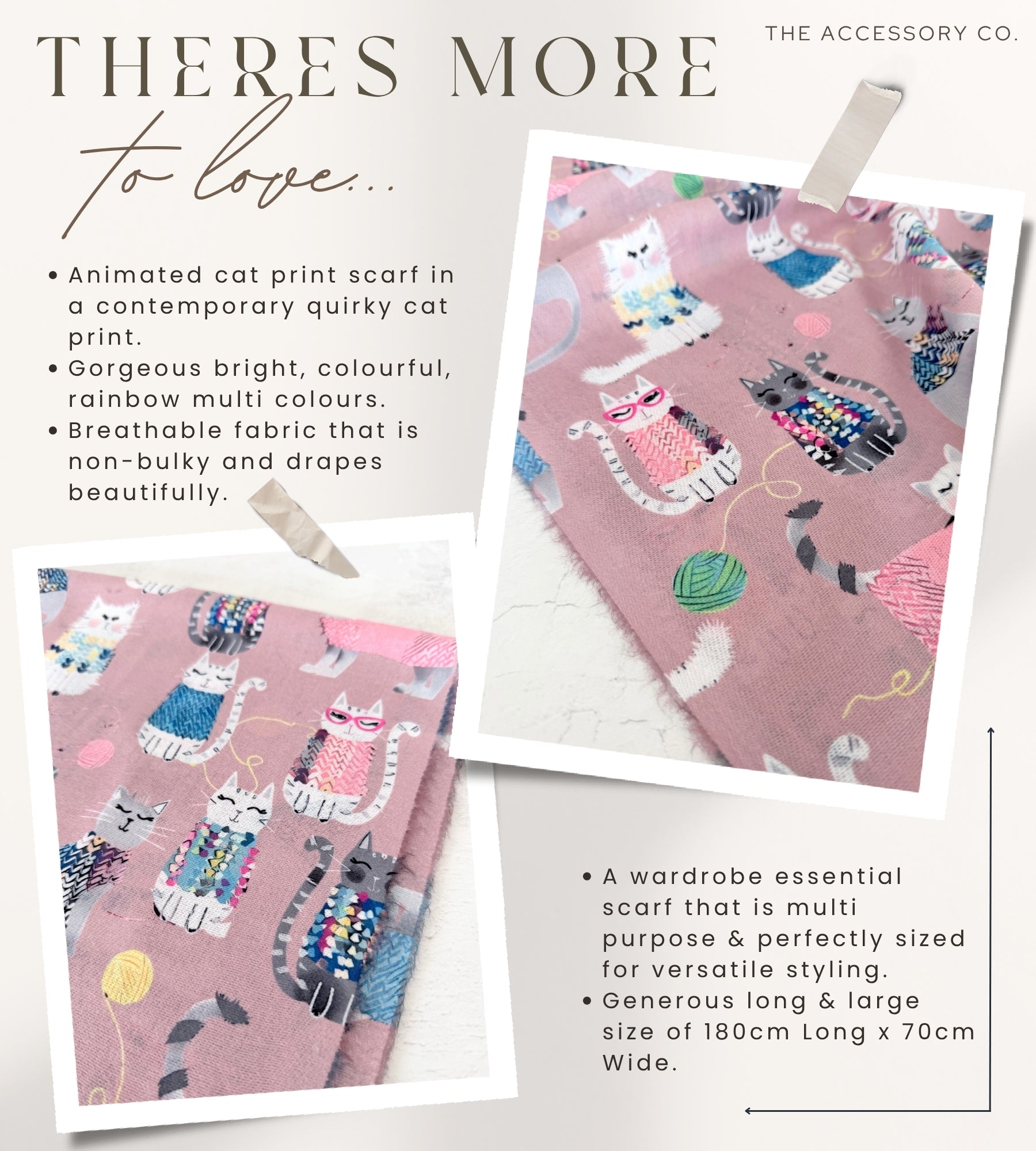 BLUSH PINK QUIRKY CAT PRINT LONG LIGHTWEIGHT SCARF