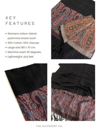 PAISLEY PRINT BLACK LIGHTWEIGHT PASHMINA SHAWL SCARF - A-SHU.CO.UK