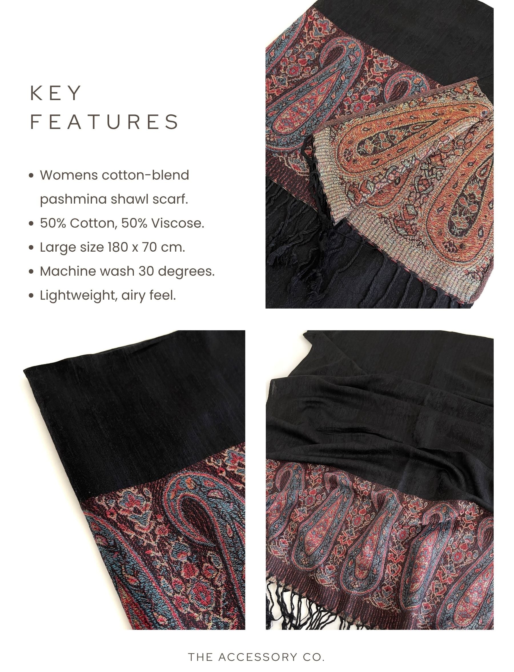 PAISLEY PRINT BLACK LIGHTWEIGHT PASHMINA SHAWL SCARF - A-SHU.CO.UK