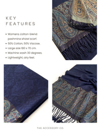 PAISLEY PRINT NAVY BLUE LIGHTWEIGHT PASHMINA SHAWL SCARF - A-SHU.CO.UK
