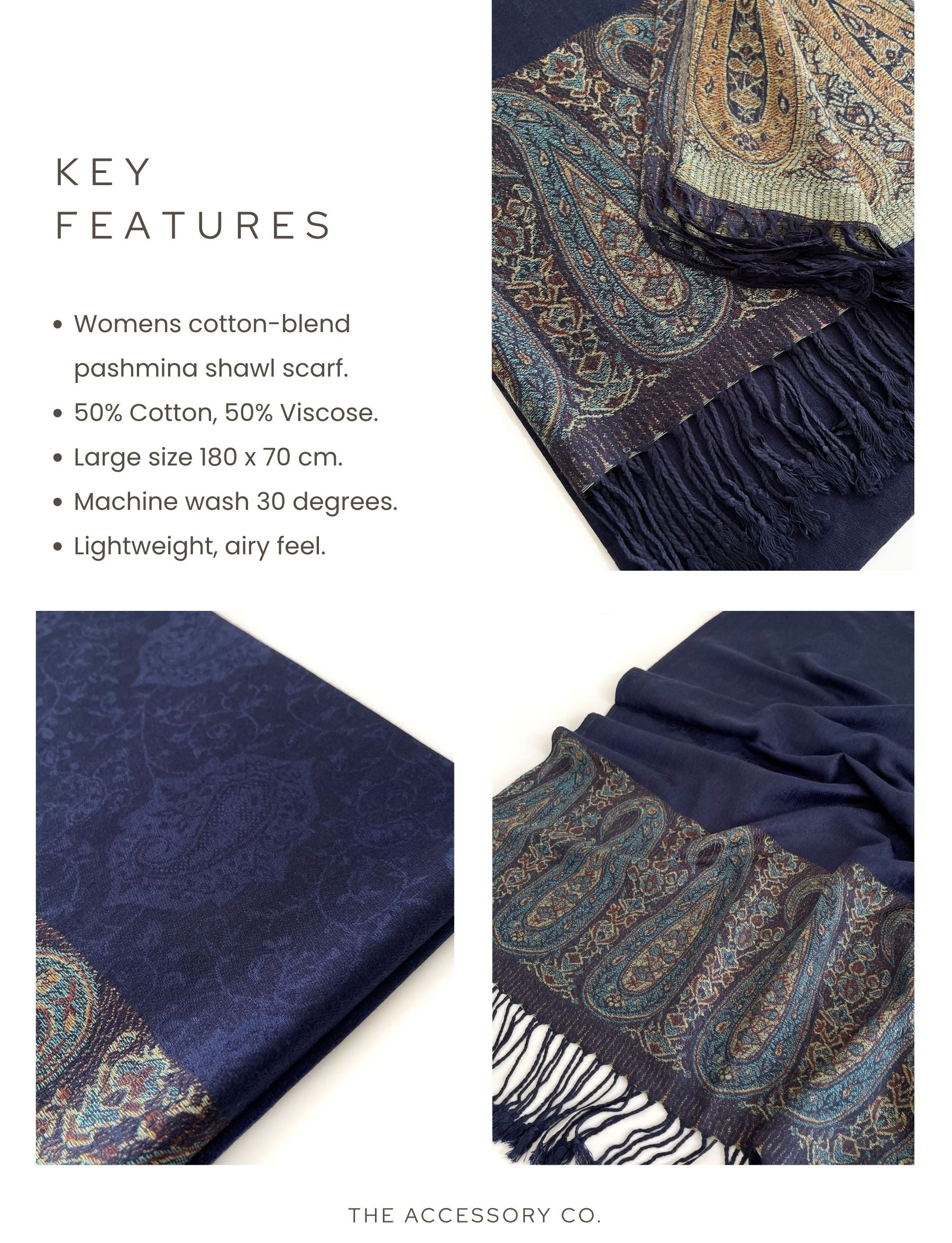 PAISLEY PRINT NAVY BLUE LIGHTWEIGHT PASHMINA SHAWL SCARF - A-SHU.CO.UK