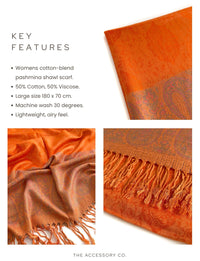 PAISLEY PRINT ORANGE LIGHTWEIGHT PASHMINA SHAWL SCARF - A-SHU.CO.UK