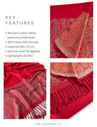 PAISLEY PRINT RED LIGHTWEIGHT PASHMINA SHAWL SCARF - A-SHU.CO.UK