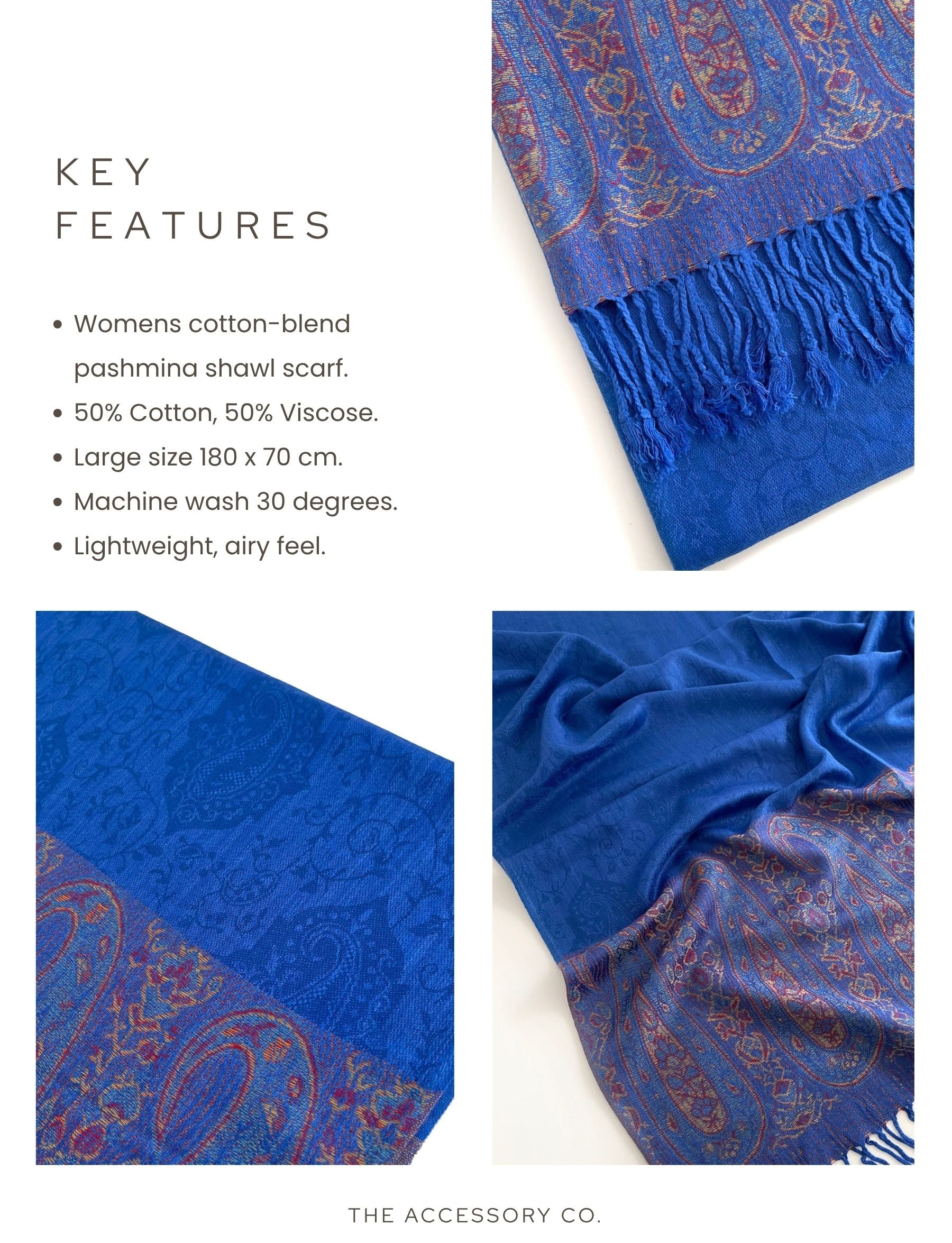 PAISLEY PRINT ROYAL BLUE LIGHTWEIGHT PASHMINA SHAWL SCARF - A-SHU.CO.UK