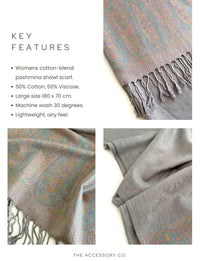 PAISLEY PRINT SILVER LIGHTWEIGHT PASHMINA SHAWL SCARF - A-SHU.CO.UK